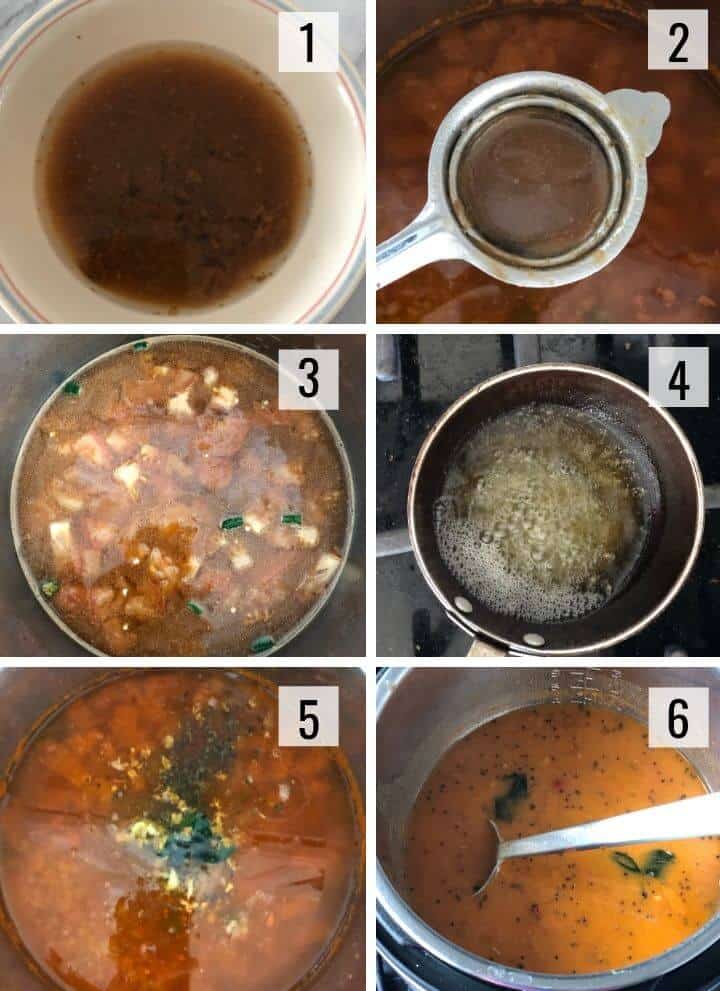 A collage of images showing how to make rasam 
