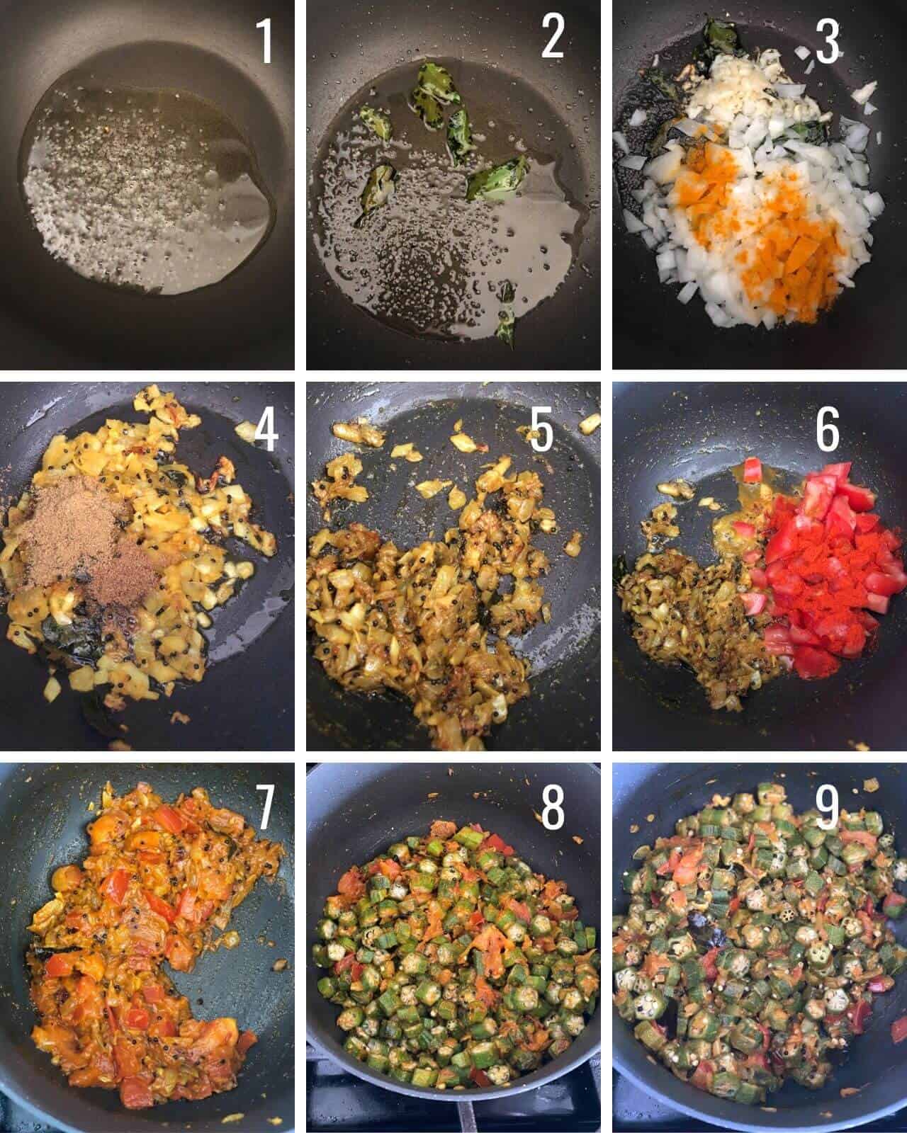 A collage of images showing how to make bhindi masala step by step
