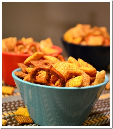 Chex Party Mix in blue bowls