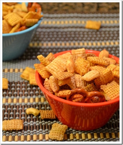 Chex Party Mix orange and blue bowls