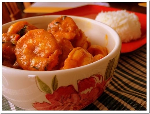 Shrimp curry served in a bowl with floral patterns