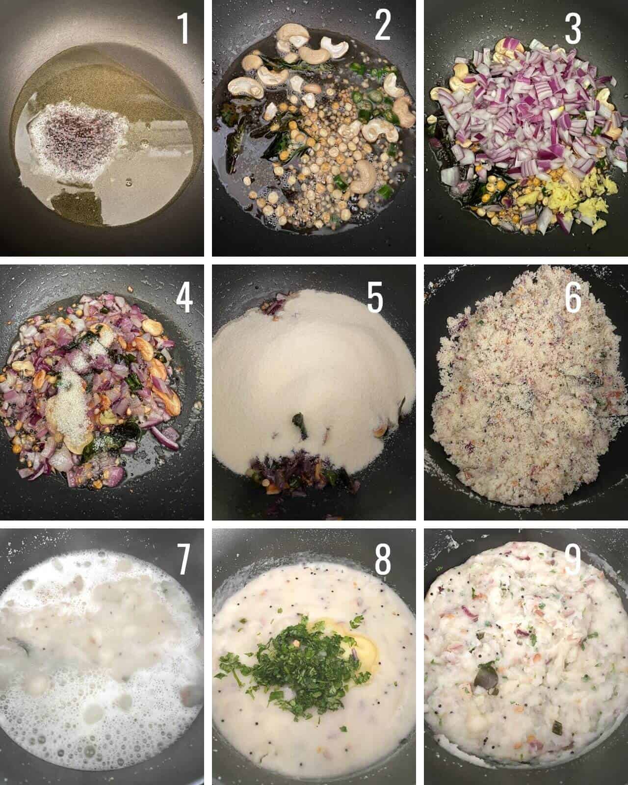A collage of images showing how to make upma step by step