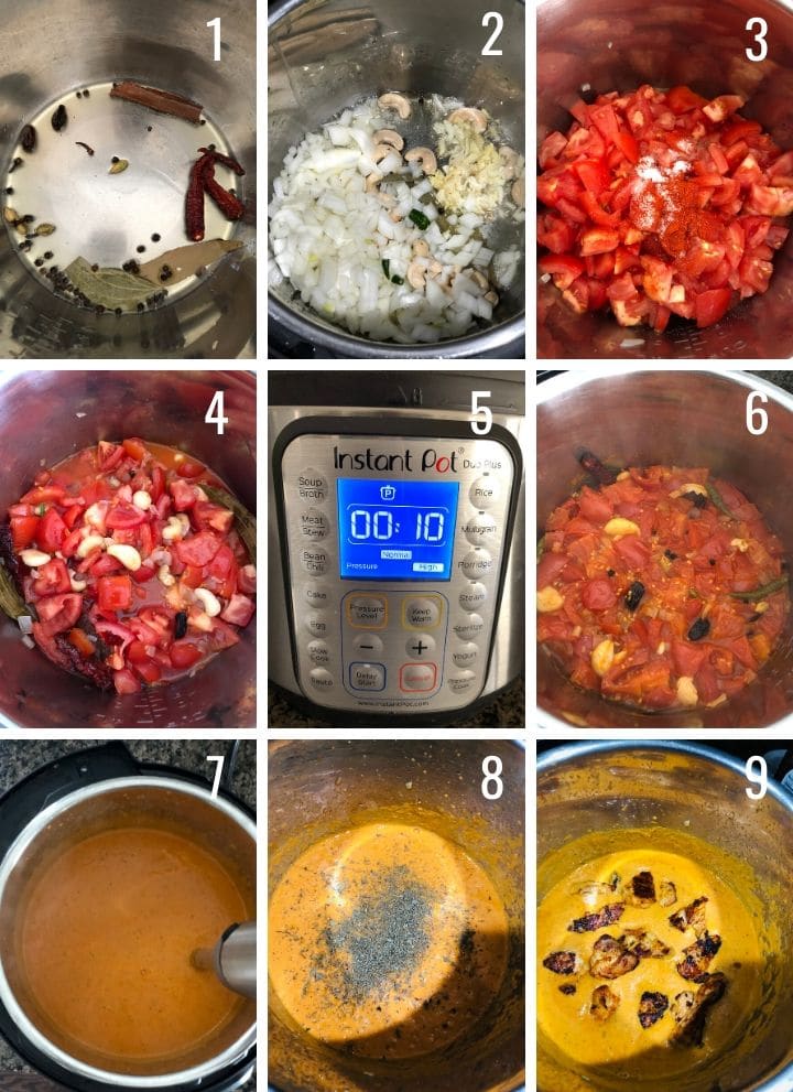 A collage of images showing how to make chicken tikka masala step by step