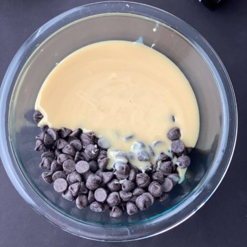 Condensed milk and chocolate chips in a bowl