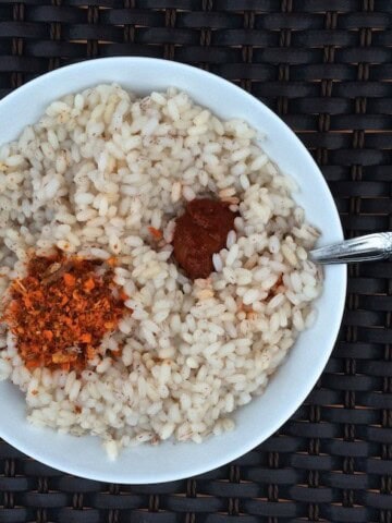 Ganji served with meen chutney and pickle