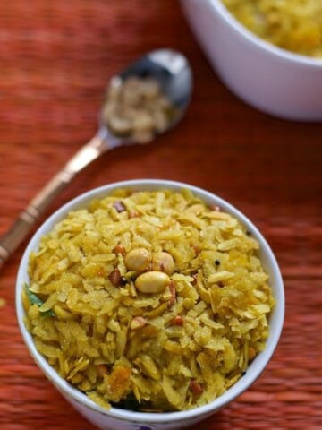 Poha Chivda served in a white bowl