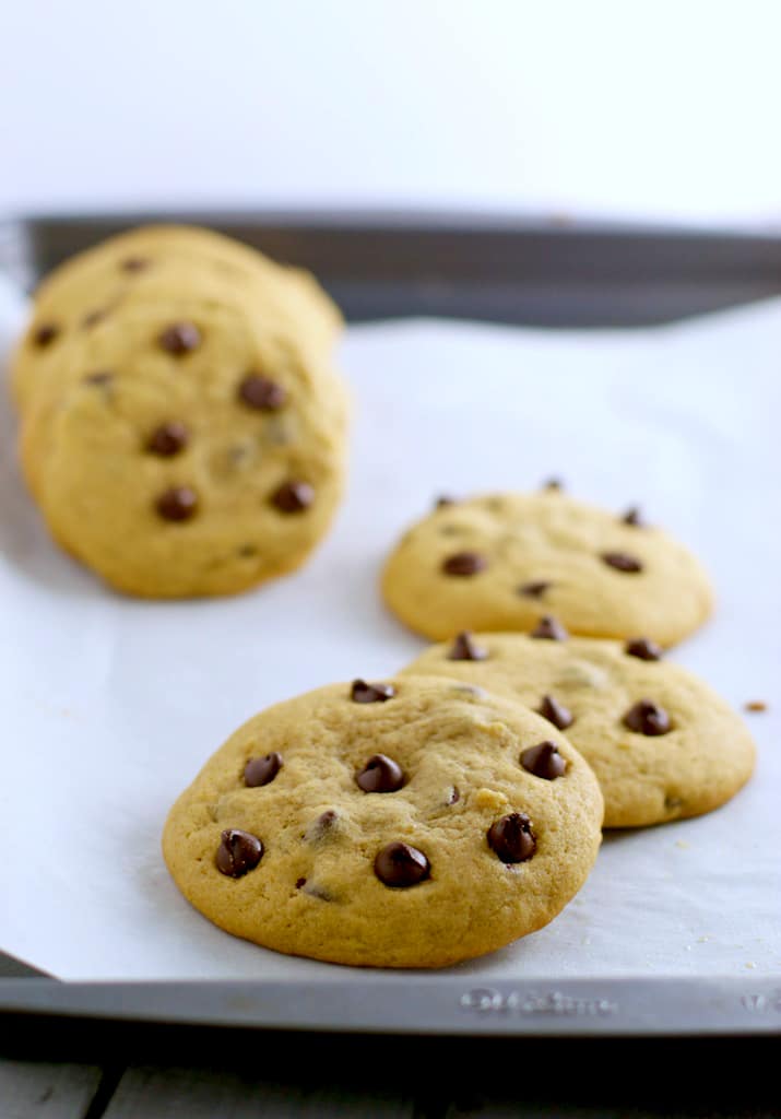 Chocolate chip cookies on parchment paper