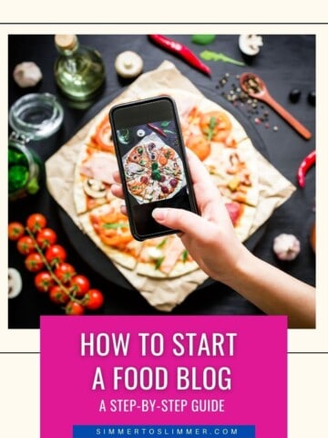 A lady holding an iPhone and taking pictures of food. The caption reads how to start a food blog - a step by step guide