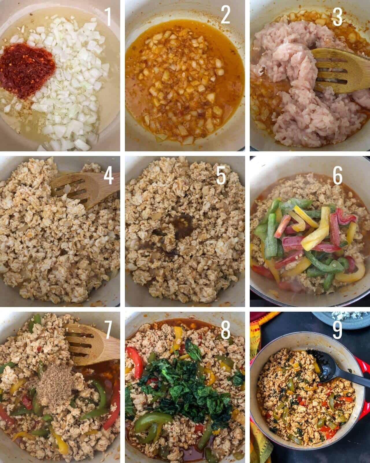 A 9 grid of the different steps to make thai basil chicken.