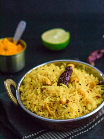 Lemon rice served in a steel bowl