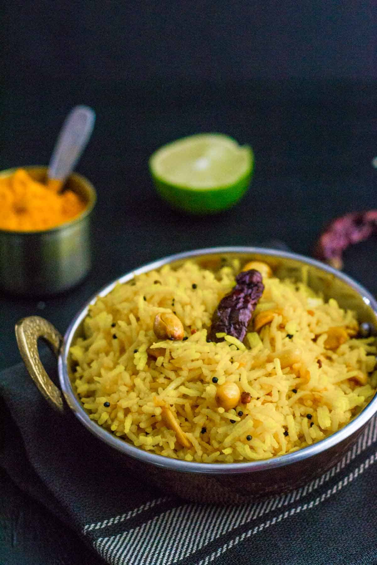 Got leftover rice? Turn it into Lemon rice - a popular and flavorful South Indian dish that you can make in less than 15 minutes. An easy lunch box option that you can put together the night before or in the morning without any fuss.