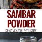 A collage of pics featuring Sambar powder in a glass jar