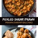 Collage of two images with Prawns balchao and fish fry served over rice in a black bowl and another with prawns balchao served in a black bowl