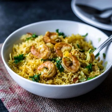 Shrimp Biryani served in a white bowl