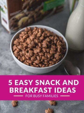 A bowl of cereal with text 5 easy snack and breakfast ideas for busy families