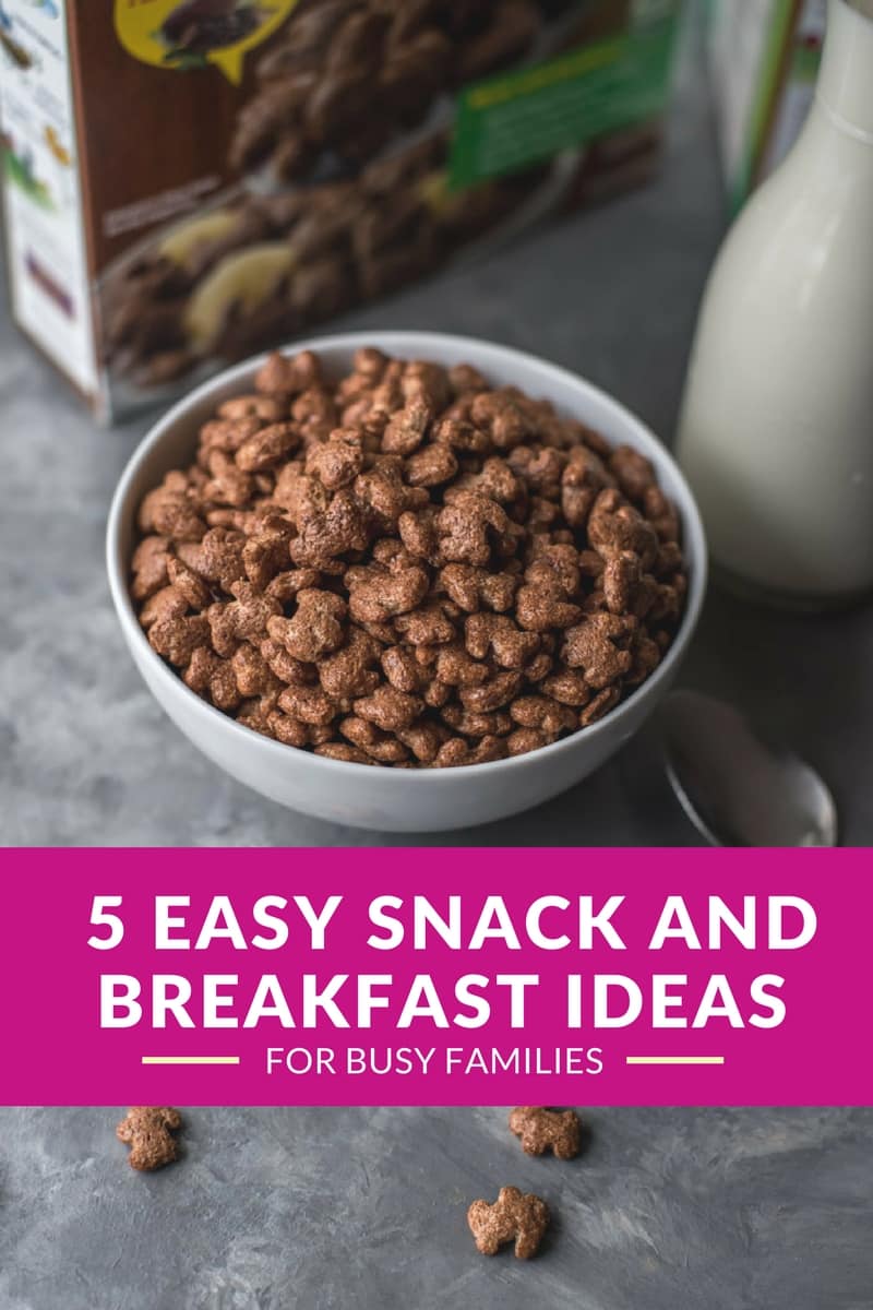 Easy snack ideas - featured in this picture is a bowl of Annie's organic cocoa bunnies in a white bowl