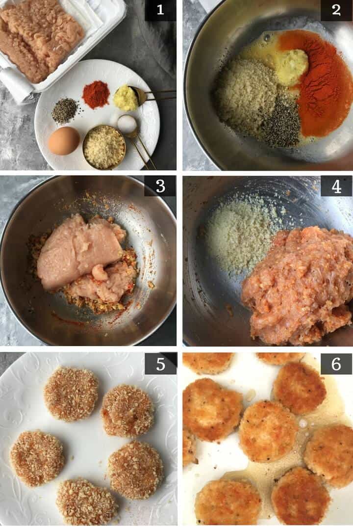 a collage of images showing how to make chicken nuggets step by step