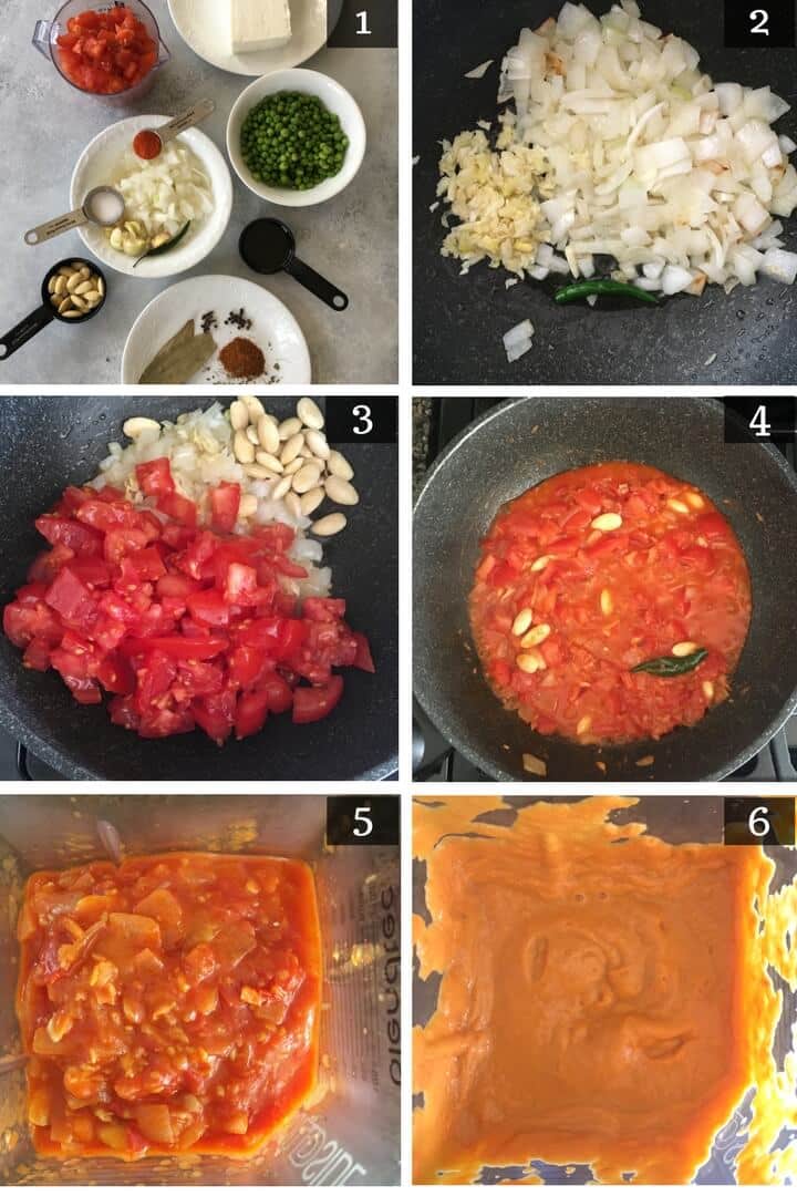 Step by step pictures to make the base masala for Matar Paneer
