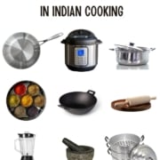 An image of kitchen tools with a caption that reads Essential Tools in Indian Cooking