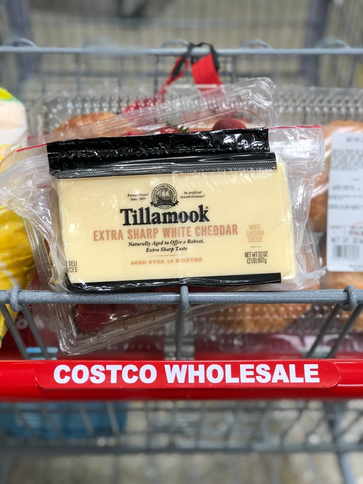 Tillamook cheese slices in a Costco cart