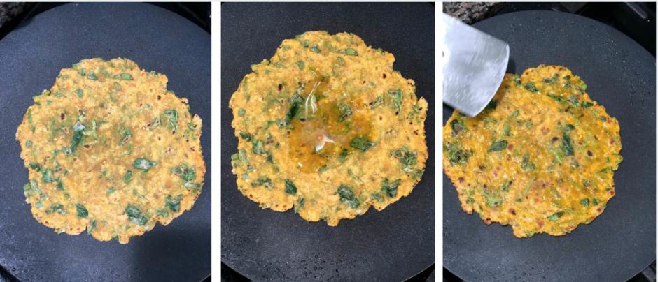 Collage pictures show how to shallow fry methi thepla