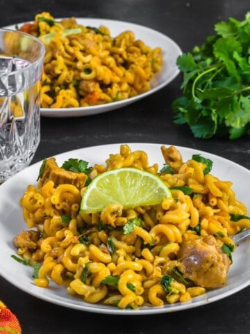 Two plates of Chicken Spinach Pasta along with a glass of water. A bunch of cilantro is kept on the side.
