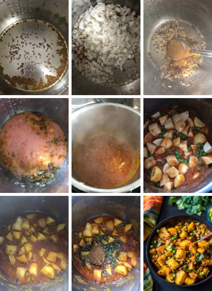 A collage of 9 pictures showing all the steps used in making Aloo matar. The description of the steps can be found below