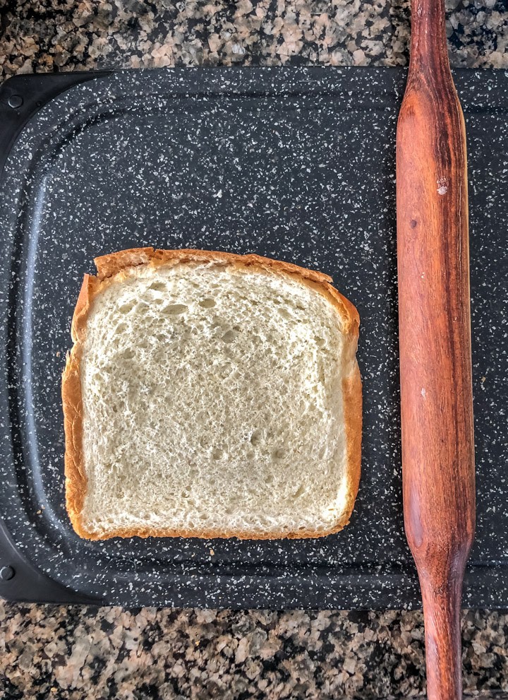 Bread slice flattened using a rolling pin