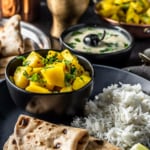 Indian Potato recipe is served in a black bowl along with rice,roti and kadhi
