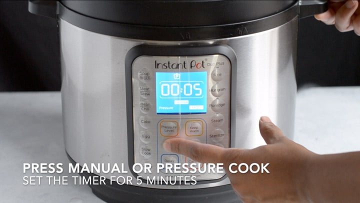Instant Pot is set to pressure cook for 5 minutes