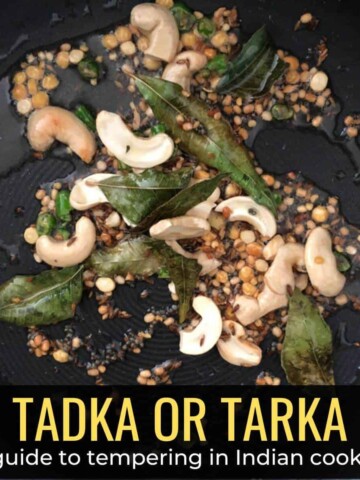 A tadka pan with oil, lentils, cashew nuts and curry leaves with a caption that reads Tadka or Tarka