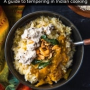 An overhead shot of ven pongal with a caption Tadka or Tarka - A guide to tempering in Indian cooking