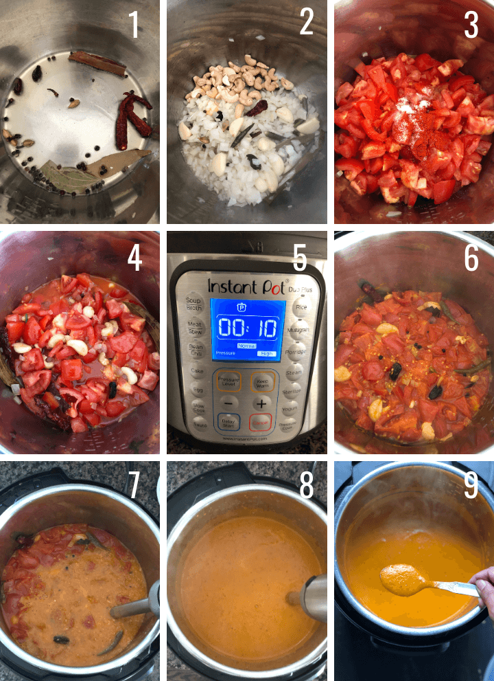 A collage of images showing step by step pictures to make Tikka masala using an Instant Pot