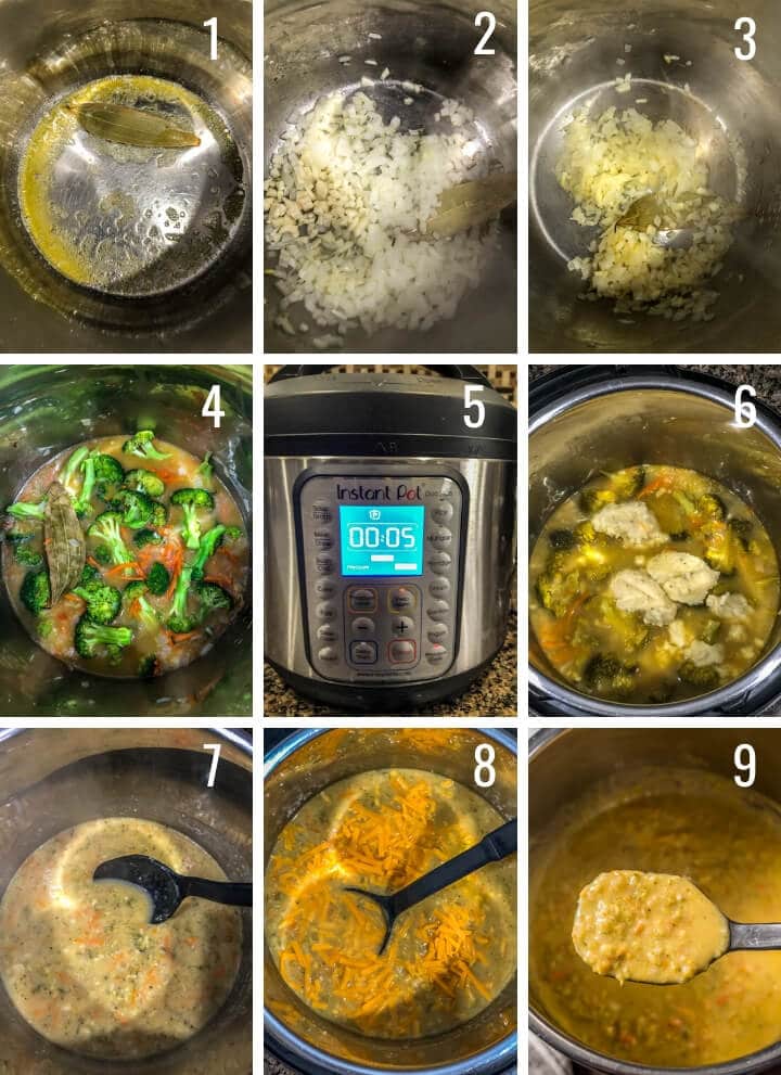 A collage of images showing how to make Broccoli Cheddar soup in an Instant Pot
