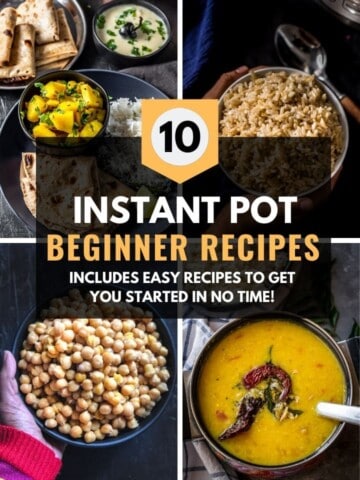 A collage of 4 images with a caption that reads 10 Instant Pot Beginner Recipes
