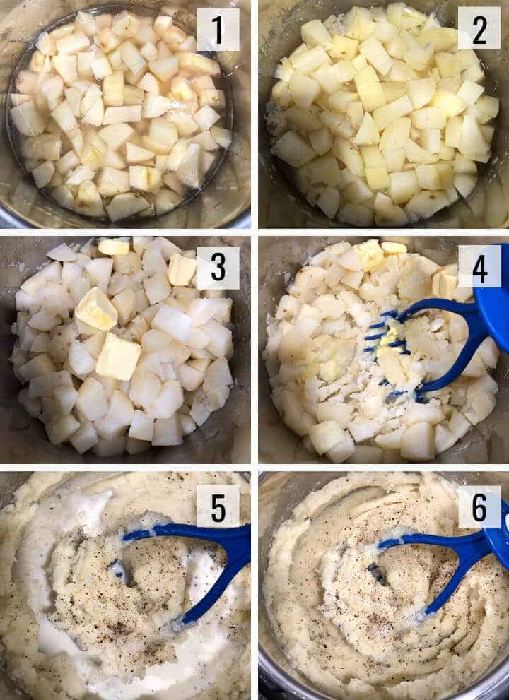 A collage of images depicting steps to make mashed potatoes in Instant Pot