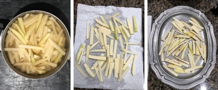A collage of image showing potatoes chopped into sticks and soaked, the dried and tossed in oil and salt and pepper
