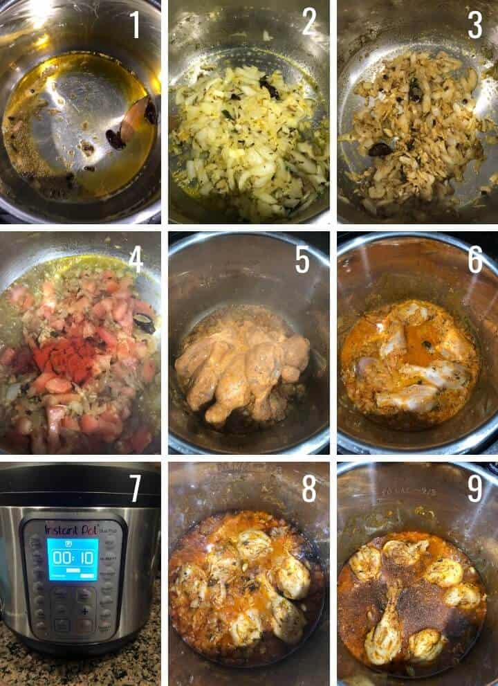 A collage of images depicting how to make Indian chicken curry in Instant Pot