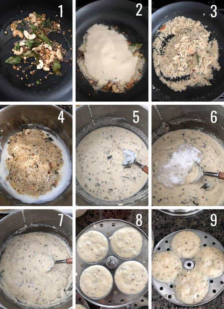 A collage of images showing how to make Rava idli
