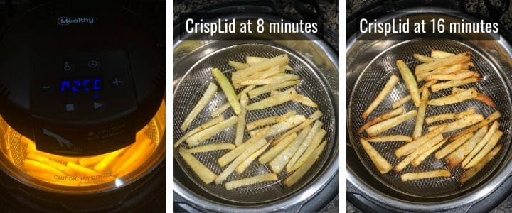 An image collage showing how to air fry French Fries using Mealthy CrispLid