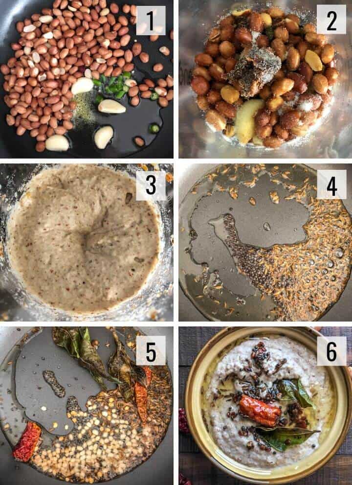A collage of images showing how to make peanut chutney 