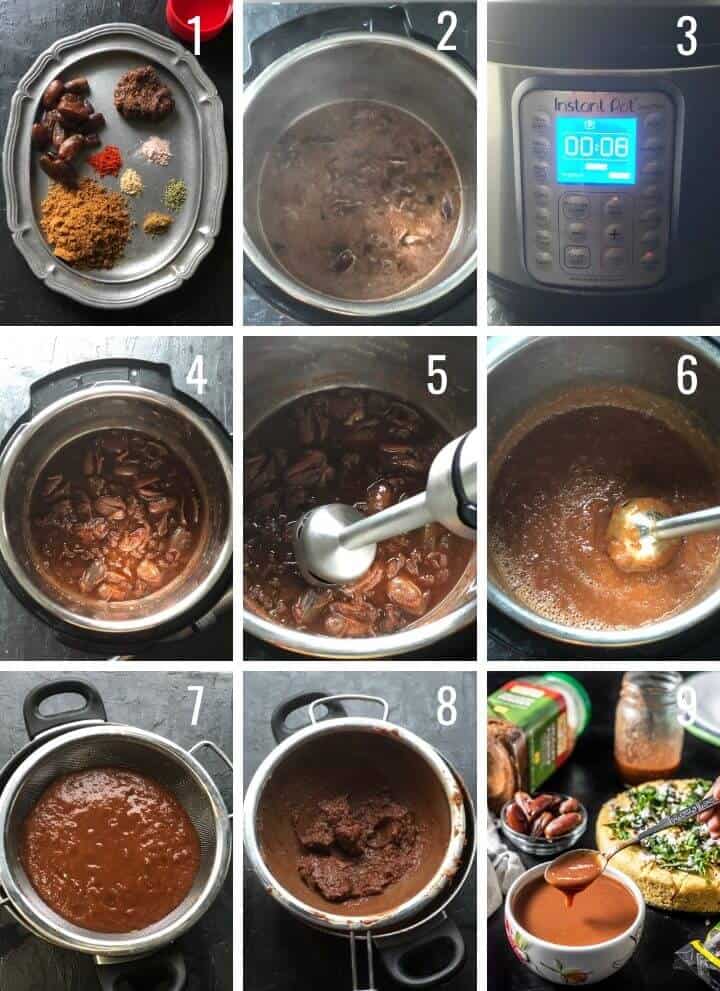 A collage of images depicting step by step images to make tamarind date chutney
