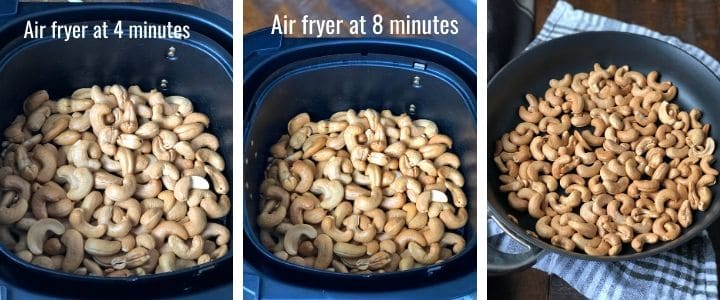 A collage of images showing air fried cashews at 4 minute and 8-minute mark.