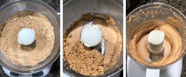 A collage of images depicting different stages while grinding cashew butter