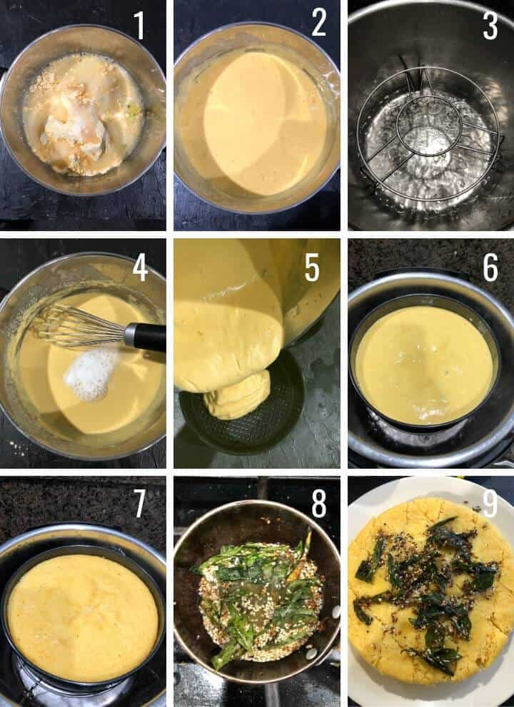 A collage of 9 images showing how to make Nylon Khaman Dhokla in Instant Pot
