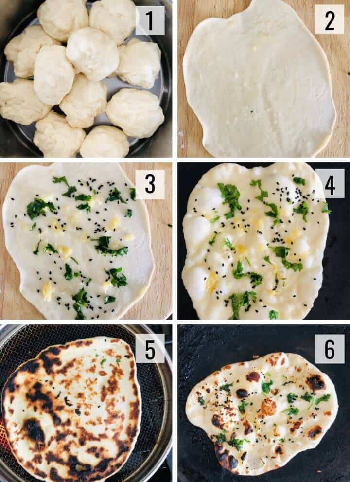 A collage of images showing how to roll and cook naan
