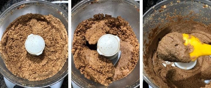 A collage of images showing how to make almond butter using a food processor