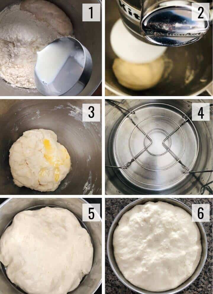A collage of images showing how to make dough for naan using stand in mixer and Instant Pot