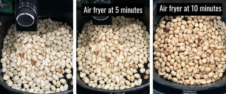 A collage of images showing peanuts being air fried
