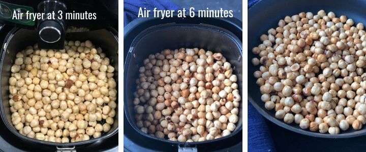 A collage of images showing hazelnuts being air fried
